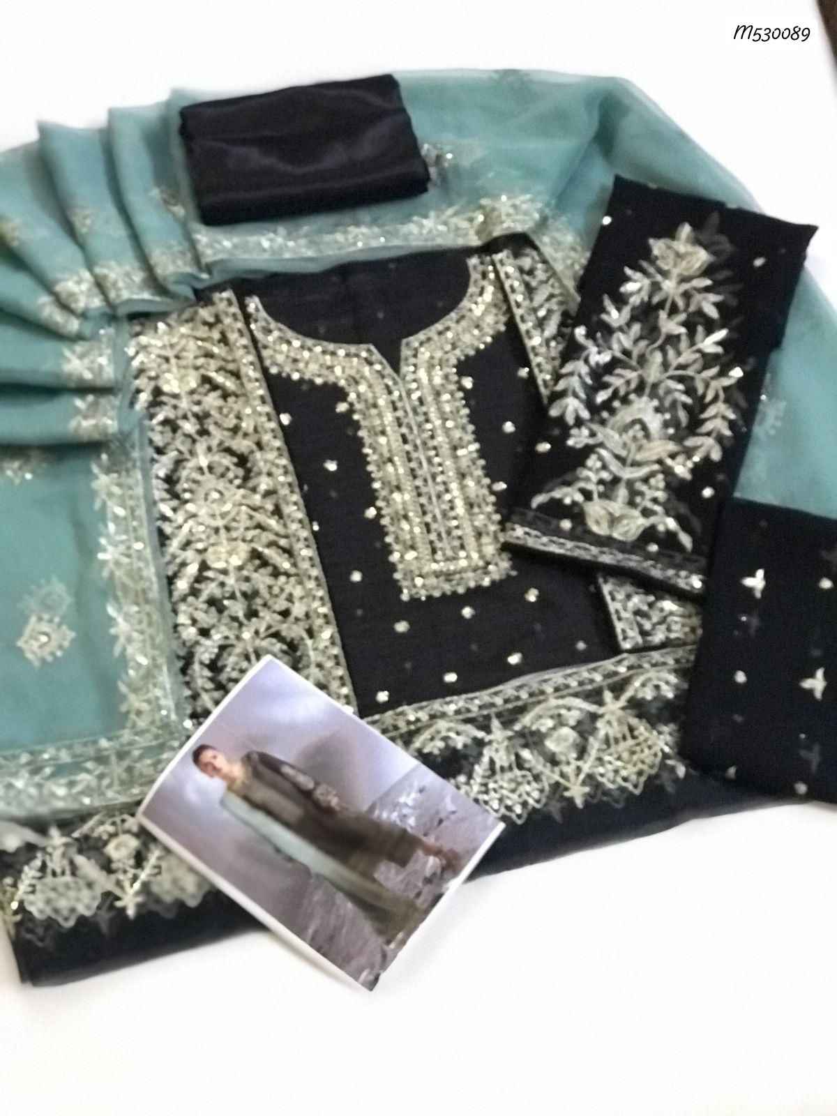 Luxury Embroidered Chiffon 3-Piece Unstitched Suit with Silk Trouser & 4-Side Border Dupatta | Ikhwan New Arrivals – November Drop 1