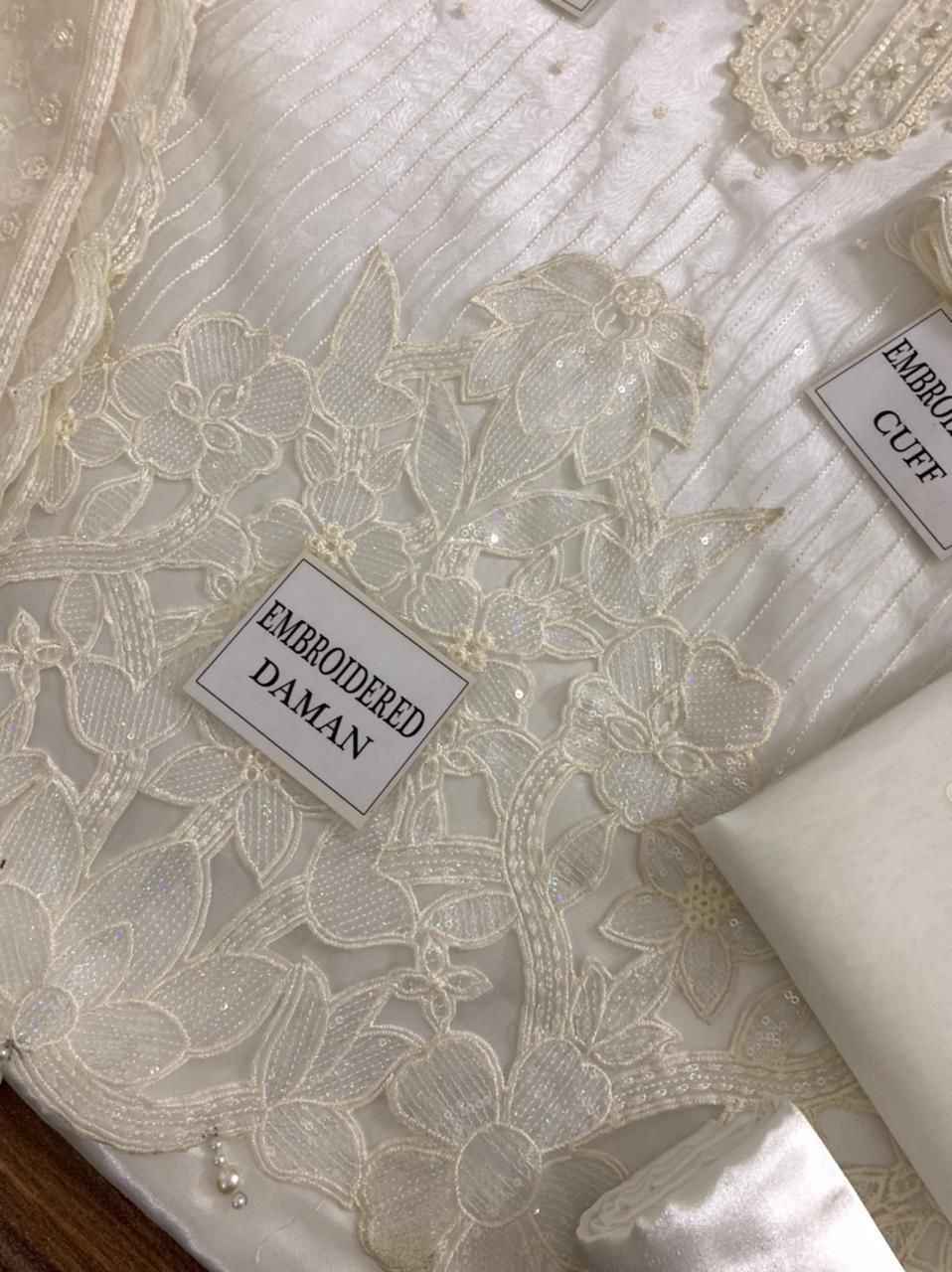 Ikhwan Replica – Baroque Chantelle Organza 3-Piece Embroidered Suit with Cutwork Borders & Silk Trouser | Luxury Collection 2025