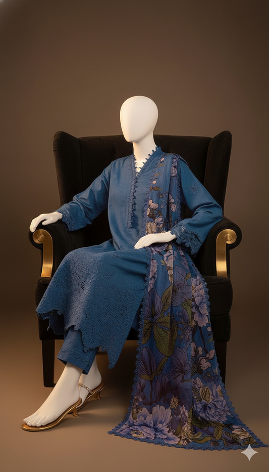 Dhanak Hit Codes | Premium Multi-Head & Boring Embroidered 3-Piece Suit with Digital Printed Wool Shawl (Ikhwan New Arrivals – November Drop 1)