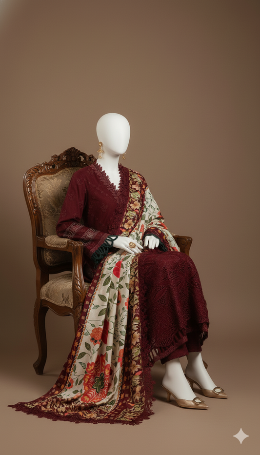 Dhanak Hit Codes | Premium Multi-Head & Boring Embroidered 3-Piece Suit with Digital Printed Wool Shawl (Ikhwan New Arrivals – November Drop 1)