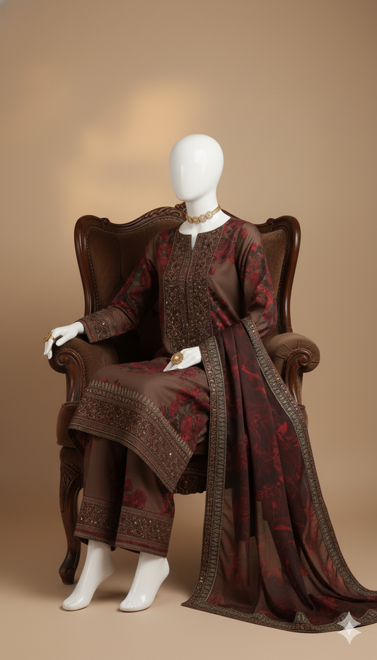 Luxury Shamoz Silk 3-Piece Embroidered & Digital Printed Suit with 4-Side Dupatta Pati | Ikhwan New Arrivals – November Drop 1