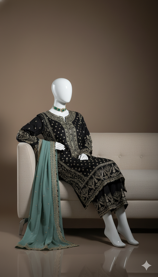 Luxury Embroidered Chiffon 3-Piece Unstitched Suit with Silk Trouser & 4-Side Border Dupatta | Ikhwan New Arrivals – November Drop 1