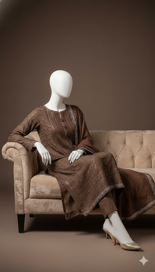 Luxury Embroidered Chiffon 3-Piece Suit with Silk Trouser | Ikhwan New Arrivals – November Drop 1