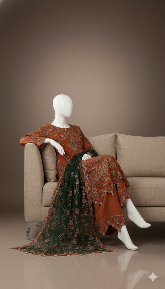 Luxury Embroidered Chiffon 3-Piece Suit with Net Dupatta & Malai Trouser | Ikhwan New Arrivals – November Drop 1