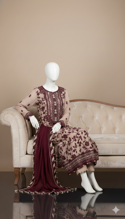 Luxury Chiffon Elegance – 3-Piece Embroidered Suit with Silk Trouser & 4-Side Lace Dupatta | Ikhwan New Arrivals – November Drop 1