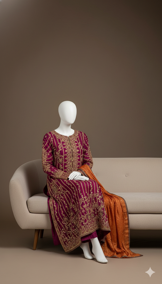 Ikhwan – Luxury Chiffon Hand-Embroidered 3-Piece Suit with Jamawar Trouser & Heavy Adda Work | November Drop 2 Collection