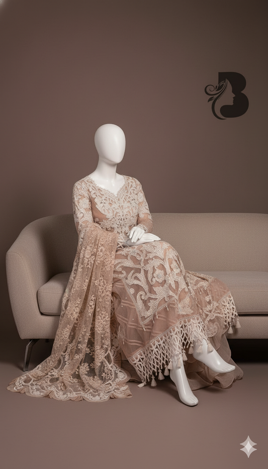 Organza Fully Heavy Embroidered 3-Piece Suit | Sequins & 3D Flowers | Dyed Satin Silk Trouser | 2 Styles – Kameez/Shalwar & Frock | November Drop 2 Winter 2025