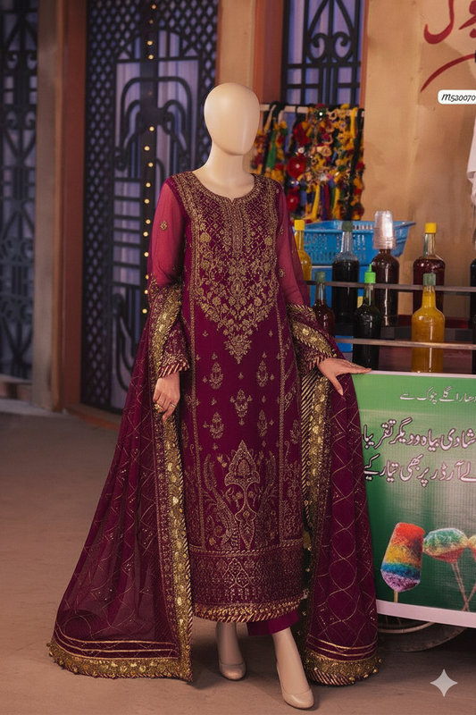 Ikhwan Unstitched Replica – Luxury Embroidered Chiffon Suit with Malai Trouser & Dupatta