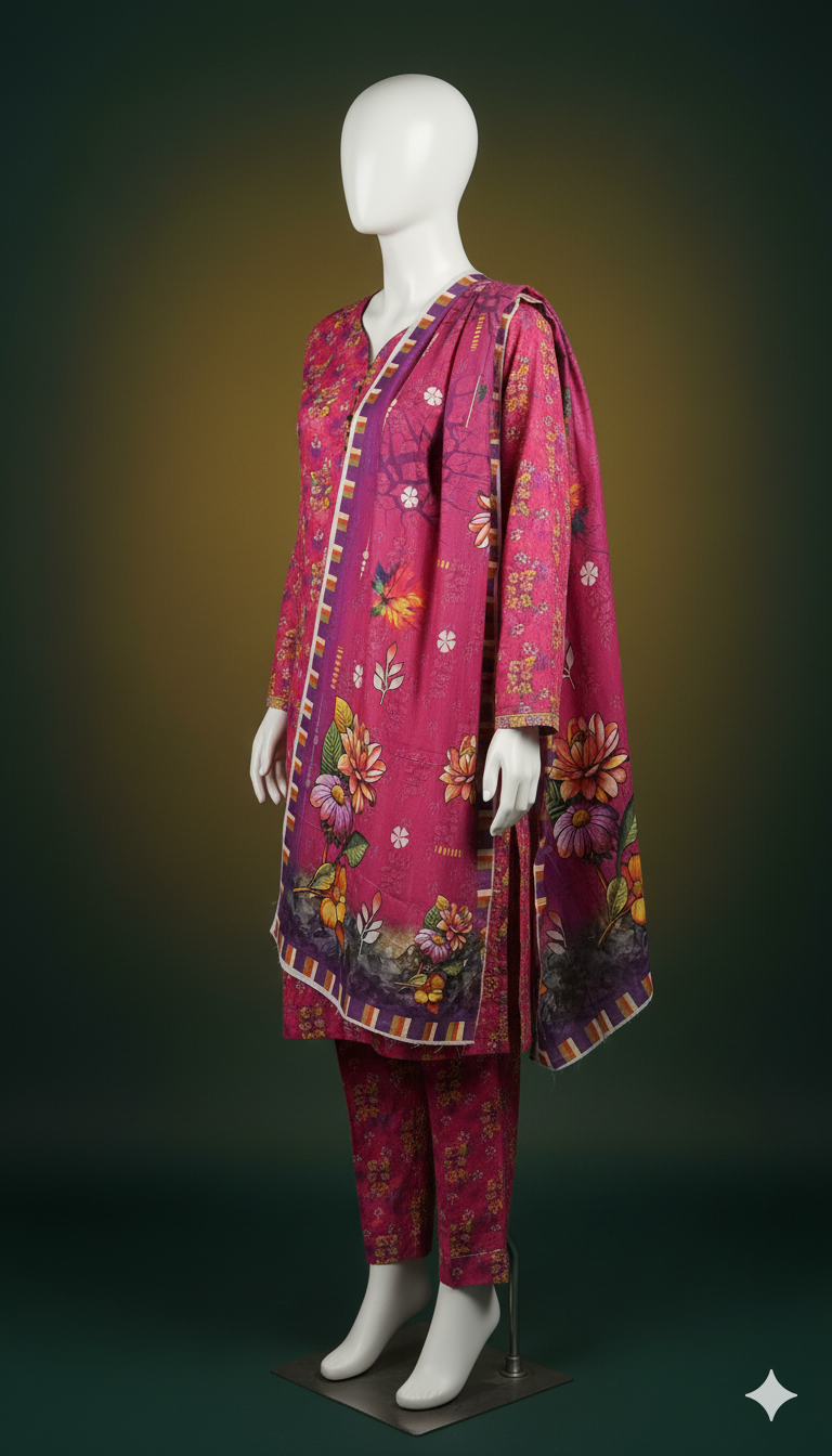 Khaadi Linen 3-Piece Suit – Pink Blossom (Winter Edition)