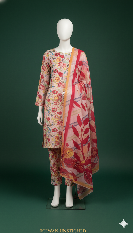 Khaadi 3-Piece Printed Linen Suit – Winter Bloom Edition