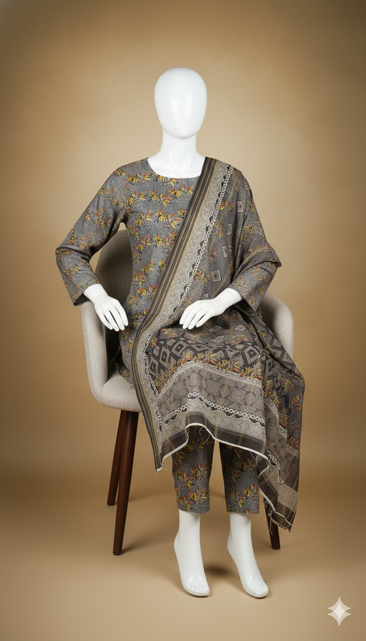 Khaadi Winter Linen 3-Piece Suit – Grey Floral Harmony