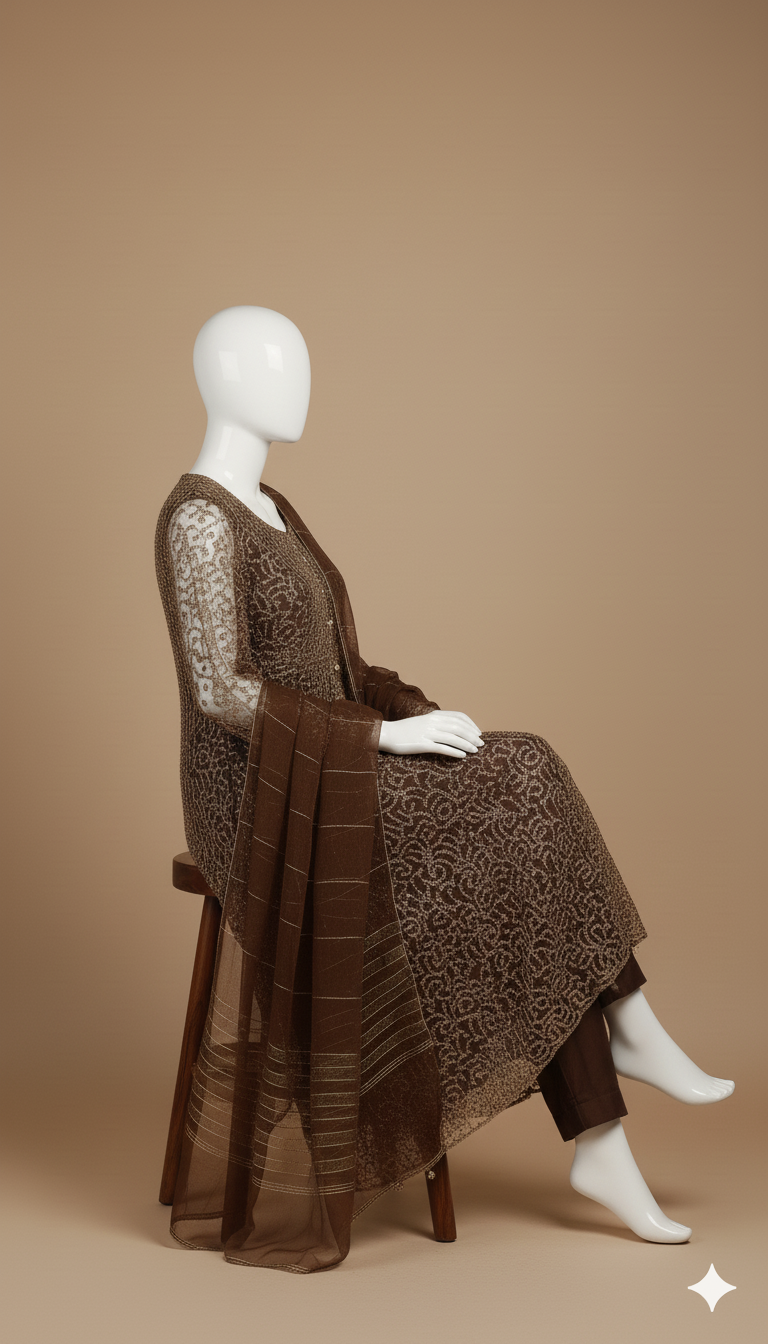 IKHWAN – Luxury 4-Piece Net Gown Set (Small Size) | Embroidered Net Gown, Organza Dupatta, Shamoze Trouser & Kameez – Dark Brown