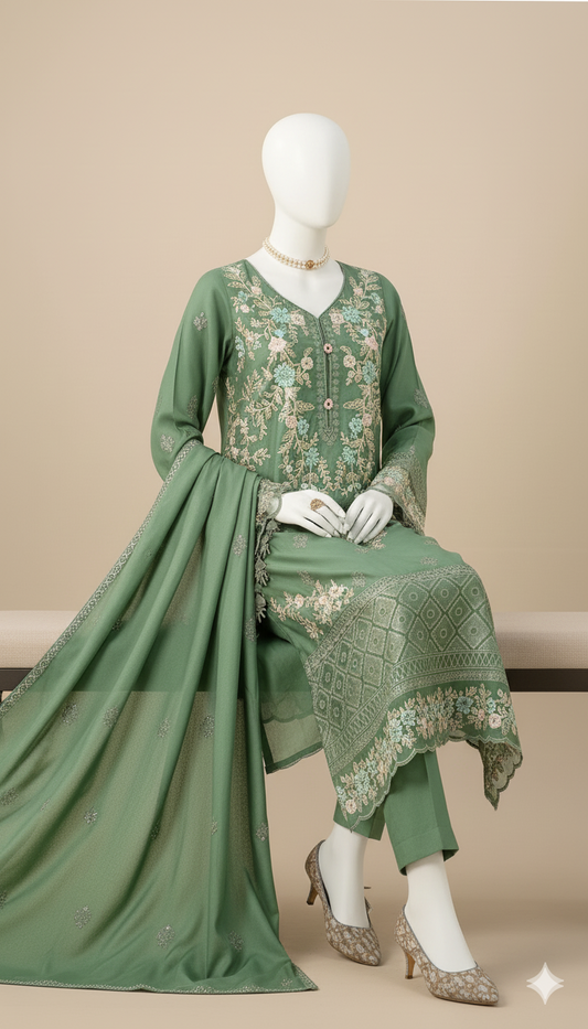 Ikhwan Replica – Premium Dhanak 3-Piece Heavy Embroidered Suit with Ready-to-Wear Shawl | Winter Collection 2025
