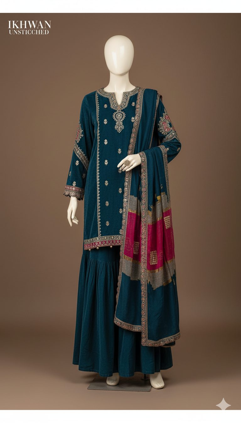 Premium Dhanak 3-Piece Unstitched Embroidered Suit with Digital Print Shawl | Winter Collection 2025