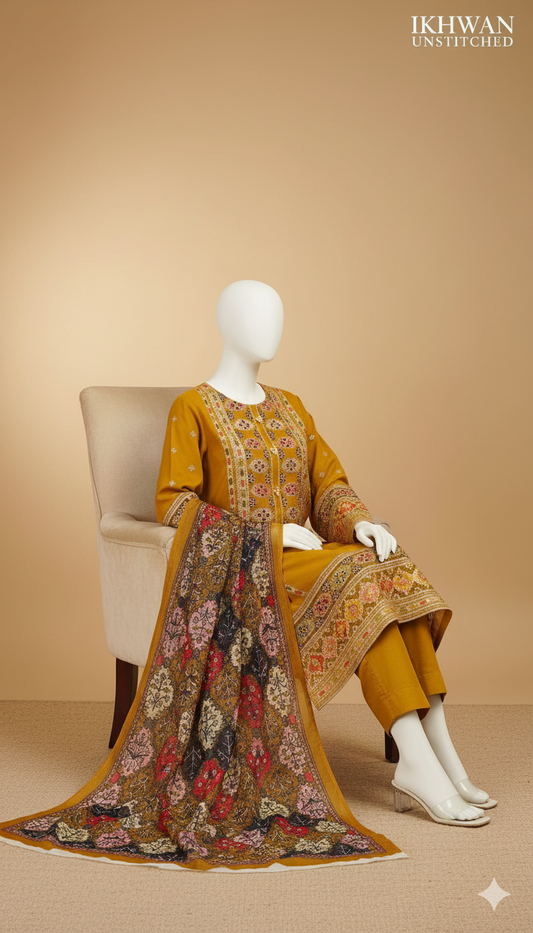 Ikhwan Replica – Premium Air-Jet Dhanak 3-Piece Heavy Sequence Embroidered Suit with Digital Pashmina Wool Shawl | Winter Collection 2025