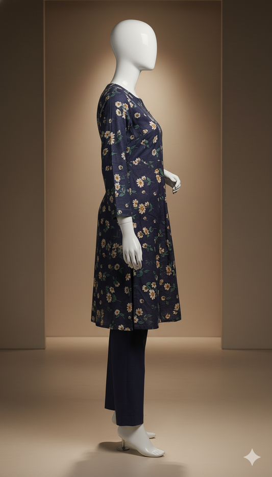 2-Piece Khaddar Suit – Dark Blue Digital Print | Premium Winter Collection 2025