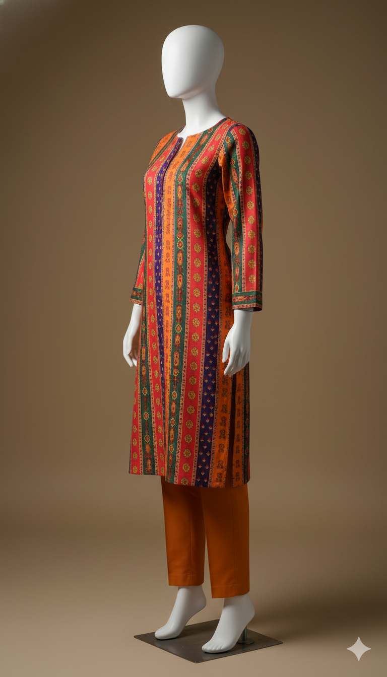 2-Piece Dark Orange Khaddar Suit – Warm Autumn Glow | Digital Printed Shirt with Plain Trouser