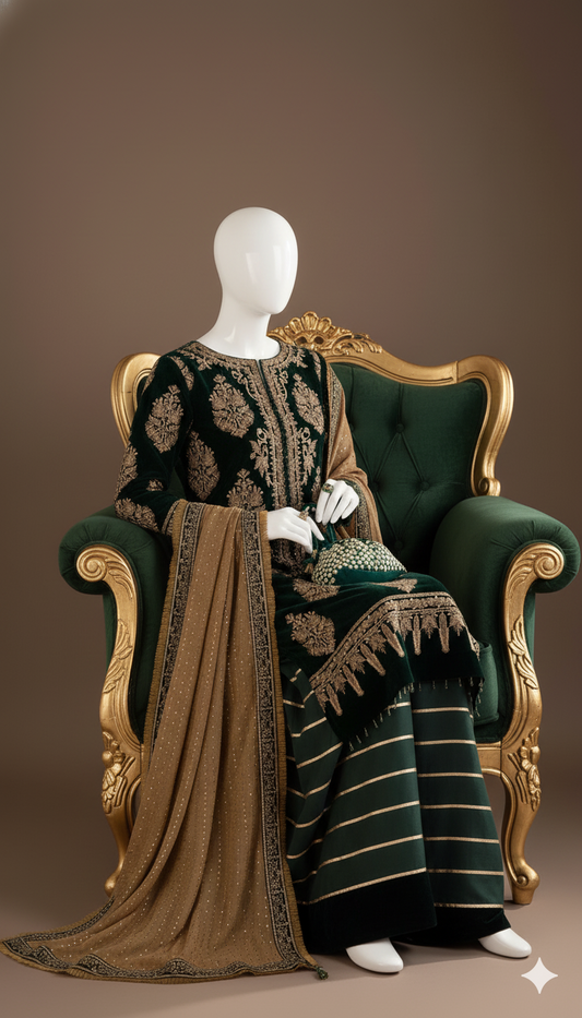 Velvet Grace – Luxury Embroidered 3-Piece Suit (Ready to Wear)