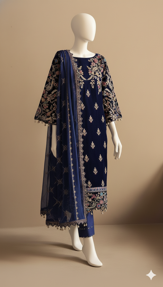 Royal Azure – Blue Heavy Embroidered Velvet 3-Piece Suit (Ready to Wear)