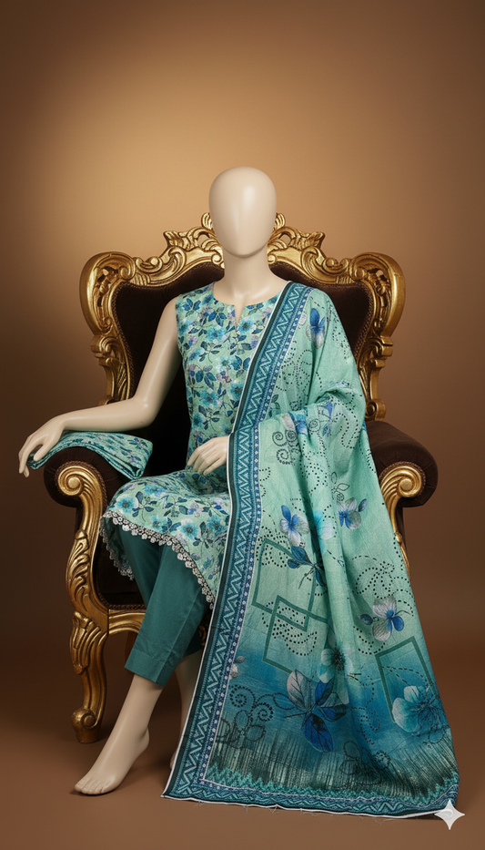 Khaadi Linen – Mint Teal Blossom 3-Piece Unstitched Suit