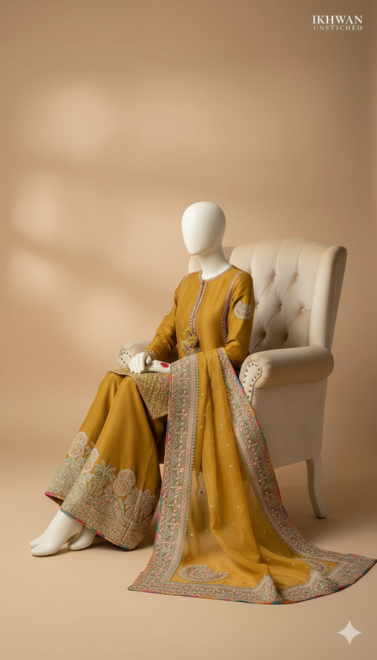Ikhwan Replica – Unstitched Organza Embroidered 3-Piece Suit with Malai Trouser | Luxury Replica Collection 2025