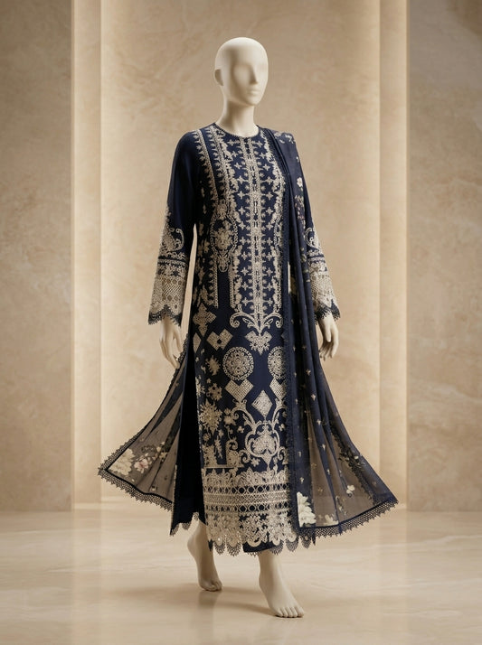 Qalamkar Premium Lawn 3PC Suit with Diamond Printed Dupatta | Embroidered Summer Collection