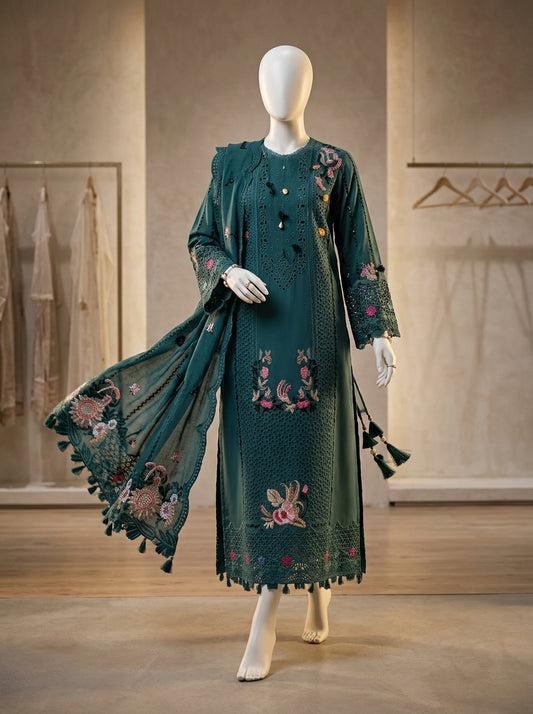 Qalamkar Replica | Premium Chikankari Lawn Cotton 3-Piece Suit with Organza Dupatta | Summer Collection 2026