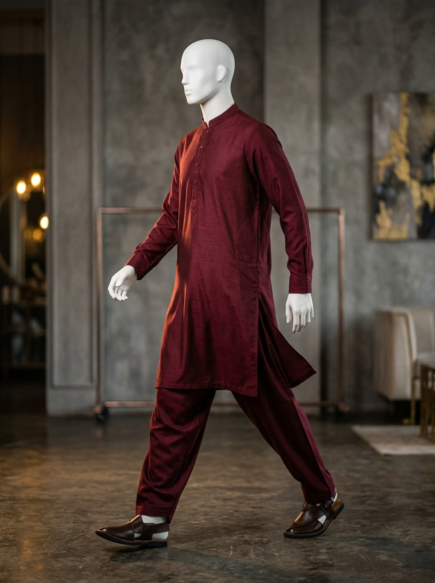 Burgundy Wash & Wear Boski Unstitched Fabric