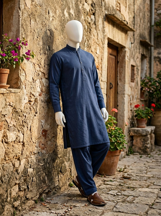 Navy Blue Wash & Wear Boski Unstitched Fabric
