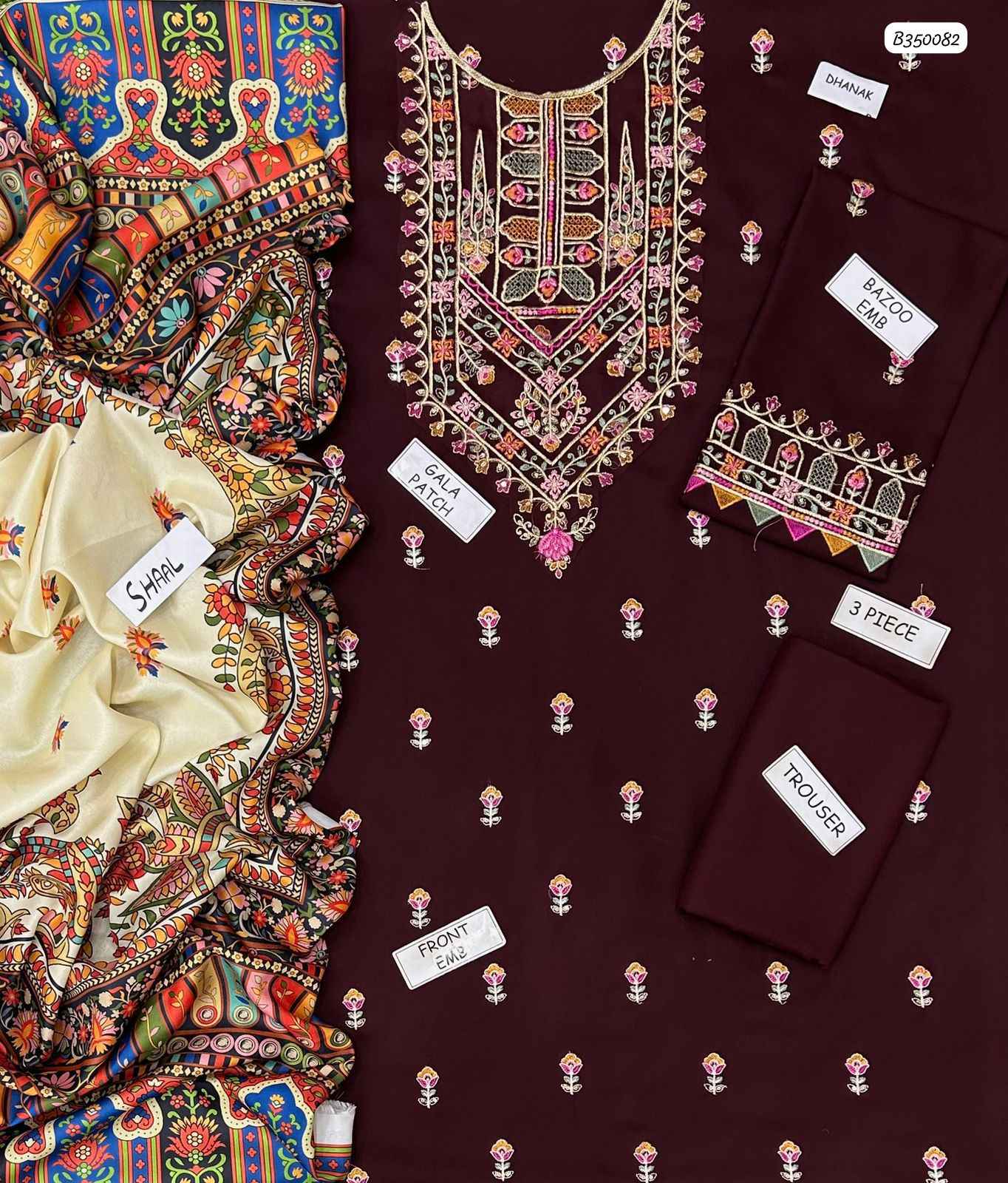 Premium Dhanak 3-Piece Embroidered Suit with Digital Printed Shawl | Winter Collection 2025