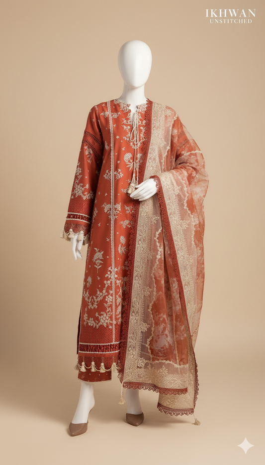 Ikhwan Replica – Premium Air-Jet Dhanak 3-Piece Embroidered Suit with Digital Pashmina Wool Shawl | Winter Collection 2025