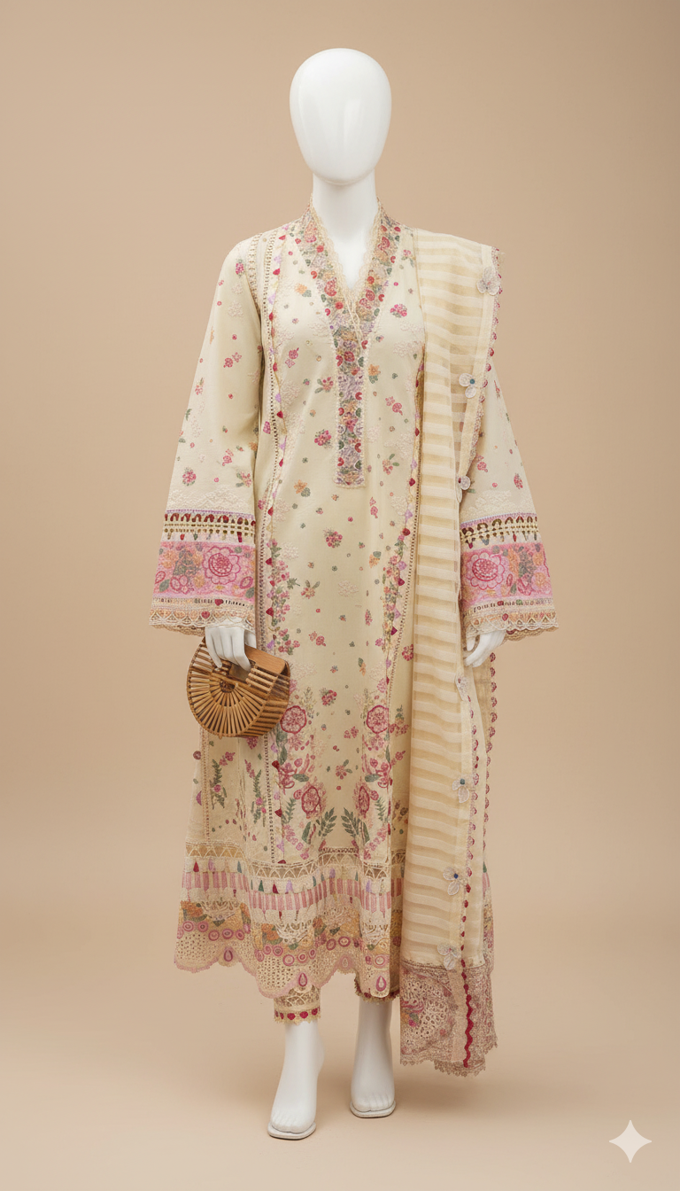 Ikhwan Replica – Qalamkahar 3-Piece Casual Winter Collection | Code 2079 | Pure Dhanak Embroidered Suit with Shawl