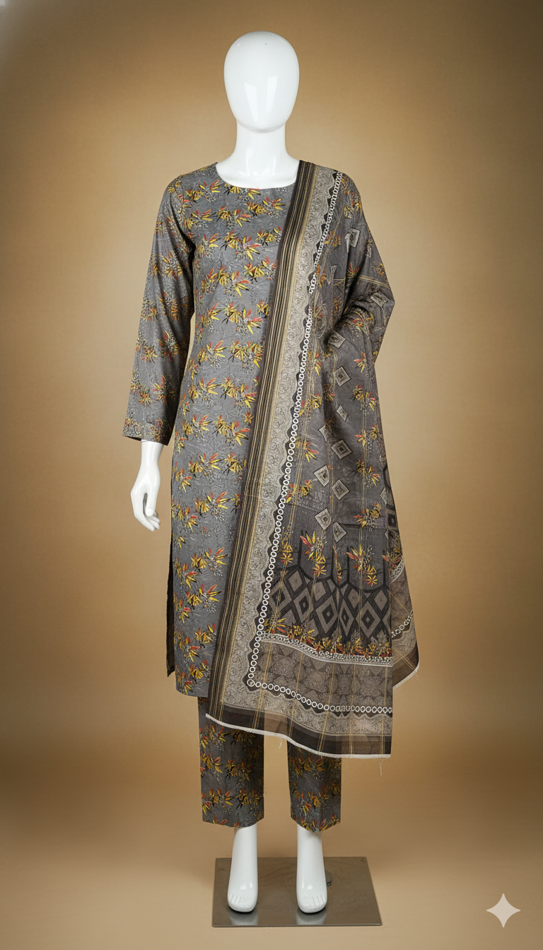 Khaadi Winter Linen 3-Piece Suit – Grey Floral Harmony