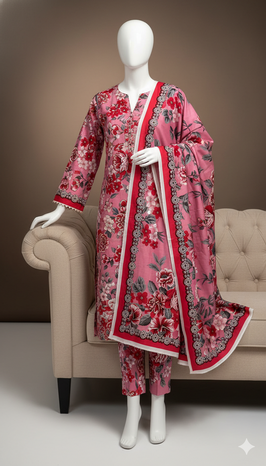 Pink Dyed Khaddar 3-Piece Suit with Red Floral Print | Winter Collection 2025