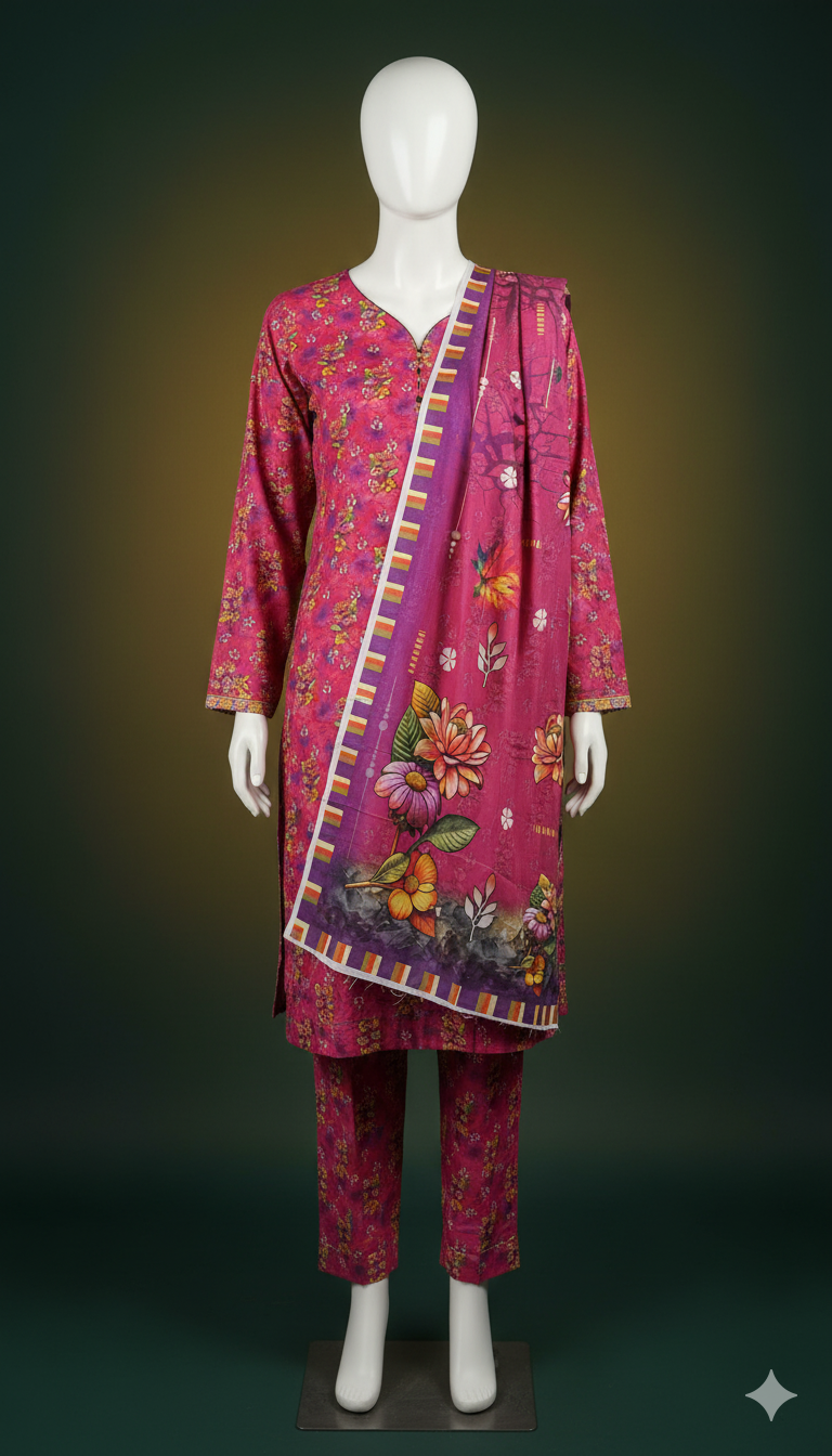 Khaadi Linen 3-Piece Suit – Pink Blossom (Winter Edition)