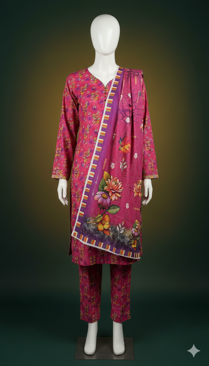 Khaadi Linen 3-Piece Suit – Pink Blossom (Winter Edition)