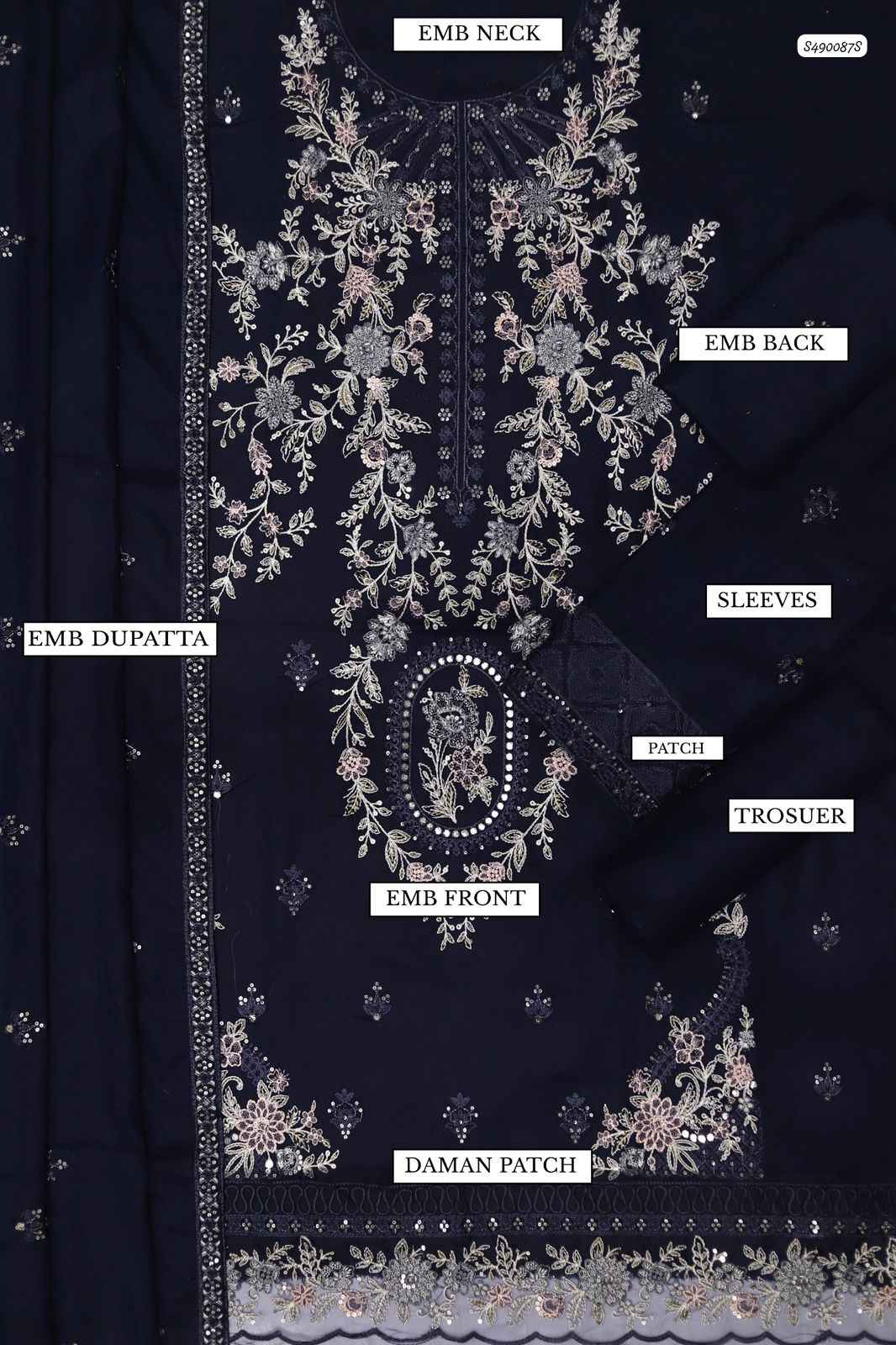Ikhwan Replica – Premium Dhanak 3-Piece Heavy Embroidered Suit with Ready-to-Wear Shawl | Winter Collection 2025 (Navy Blue)