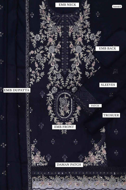 Ikhwan Replica – Premium Dhanak 3-Piece Heavy Embroidered Suit with Ready-to-Wear Shawl | Winter Collection 2025 (Navy Blue)