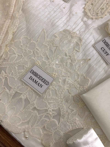 Ikhwan Replica – Baroque Chantelle Organza 3-Piece Embroidered Suit with Cutwork Borders & Silk Trouser | Luxury Collection 2025