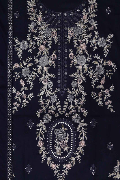 Ikhwan Replica – Premium Dhanak 3-Piece Heavy Embroidered Suit with Ready-to-Wear Shawl | Winter Collection 2025 (Navy Blue)
