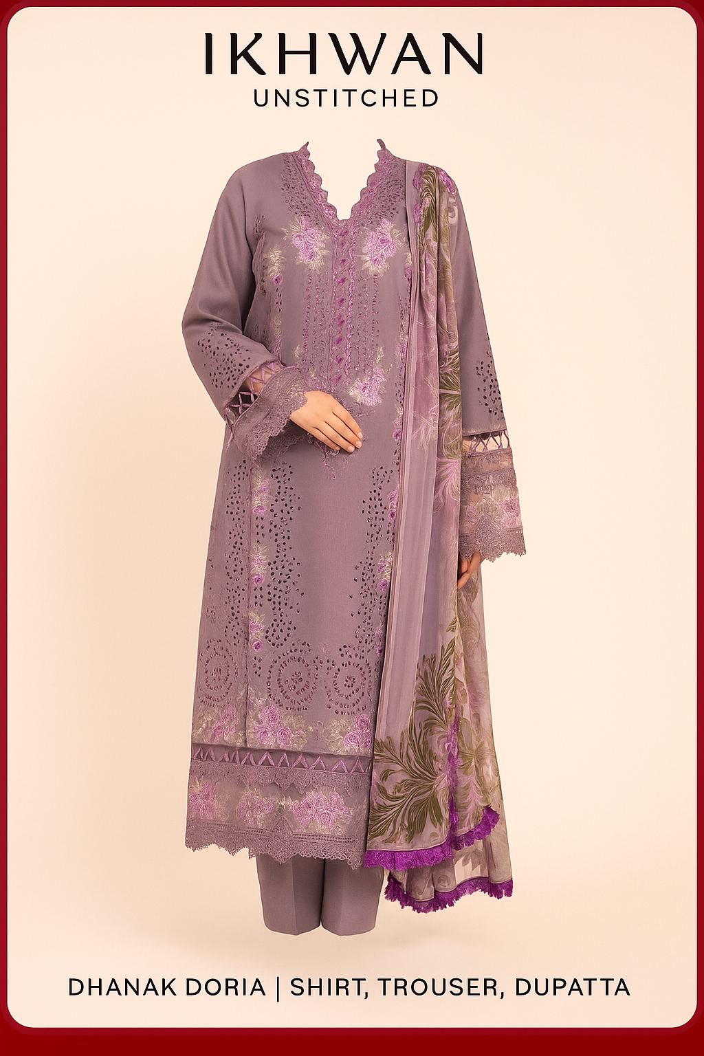 Ikhwan Unstitched Dhanak Embroidered 3-Piece Winter Suit - Ikhwan Unstitched