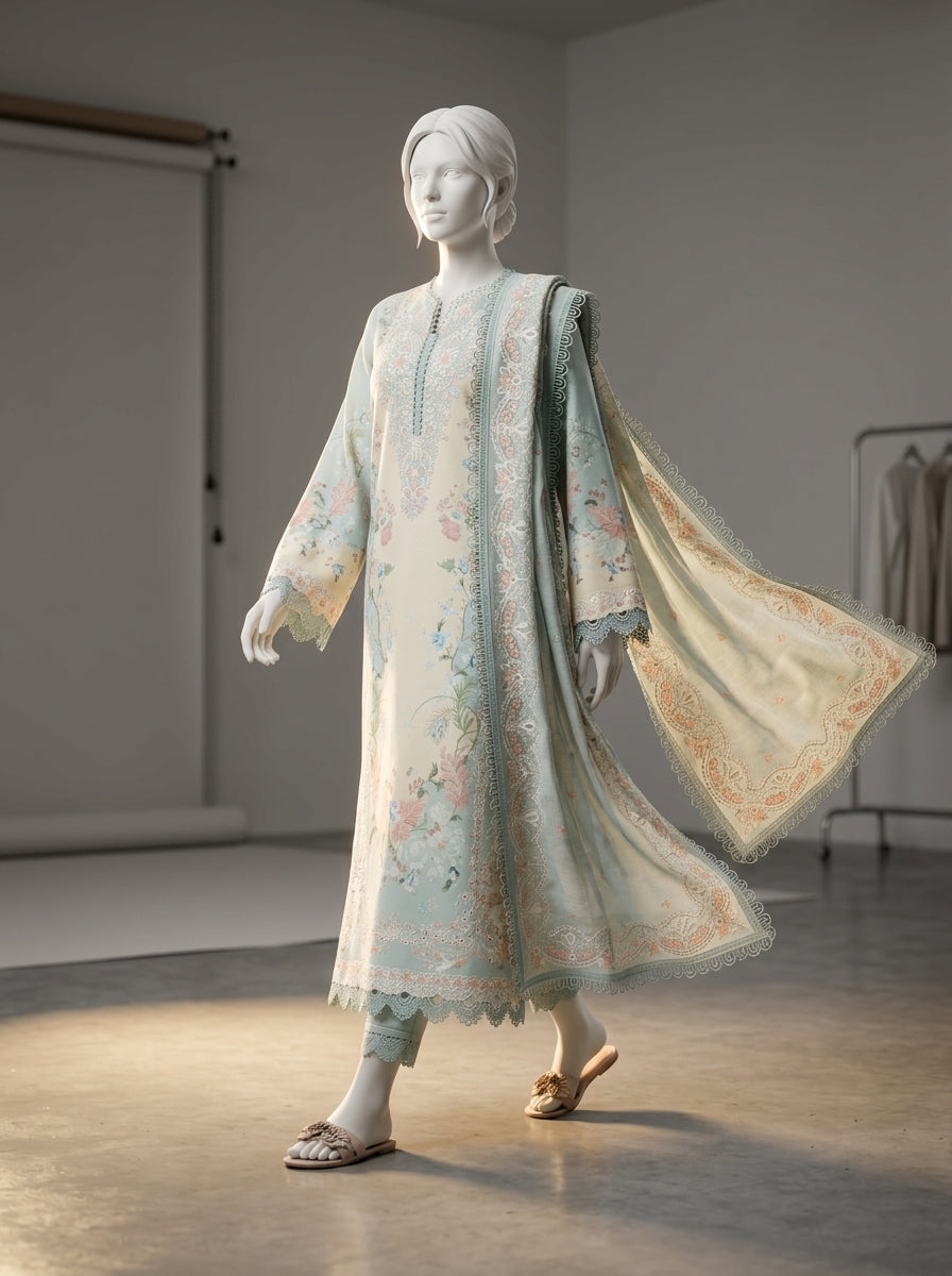 Luxury Printed Lawn 3-Piece Suit with Heavy Embroidered Chiffon Dupatta | Summer Lawn Collection 2026