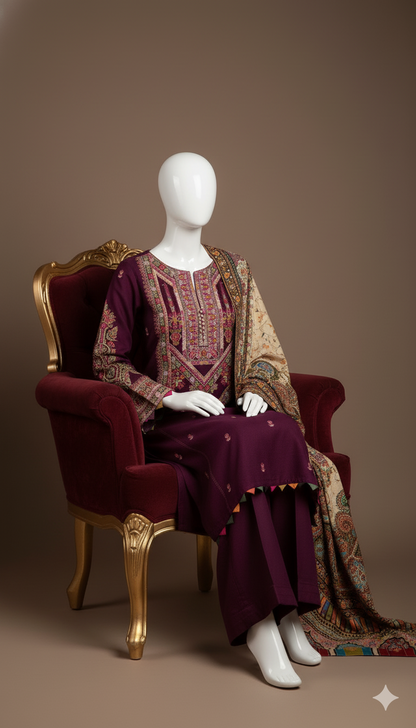 Premium Dhanak 3-Piece Embroidered Suit with Digital Printed Shawl | Winter Collection 2025