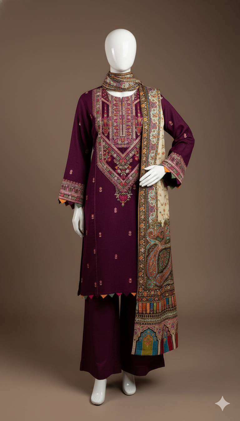 Premium Dhanak 3-Piece Embroidered Suit with Digital Printed Shawl | Winter Collection 2025
