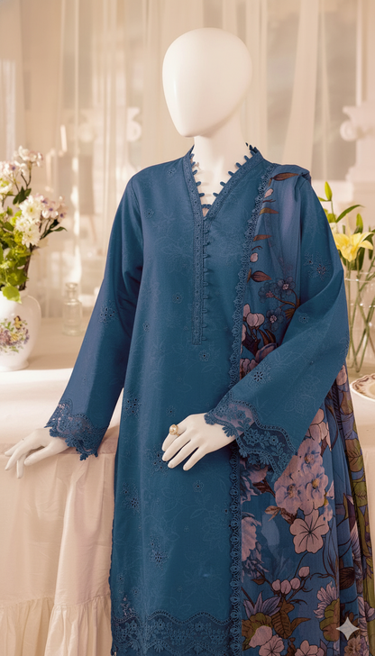 Dhanak Hit Codes | Premium Multi-Head & Boring Embroidered 3-Piece Suit with Digital Printed Wool Shawl (Ikhwan New Arrivals – November Drop 1)