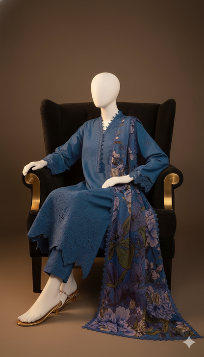 Dhanak Hit Codes | Premium Multi-Head & Boring Embroidered 3-Piece Suit with Digital Printed Wool Shawl (Ikhwan New Arrivals – November Drop 1)
