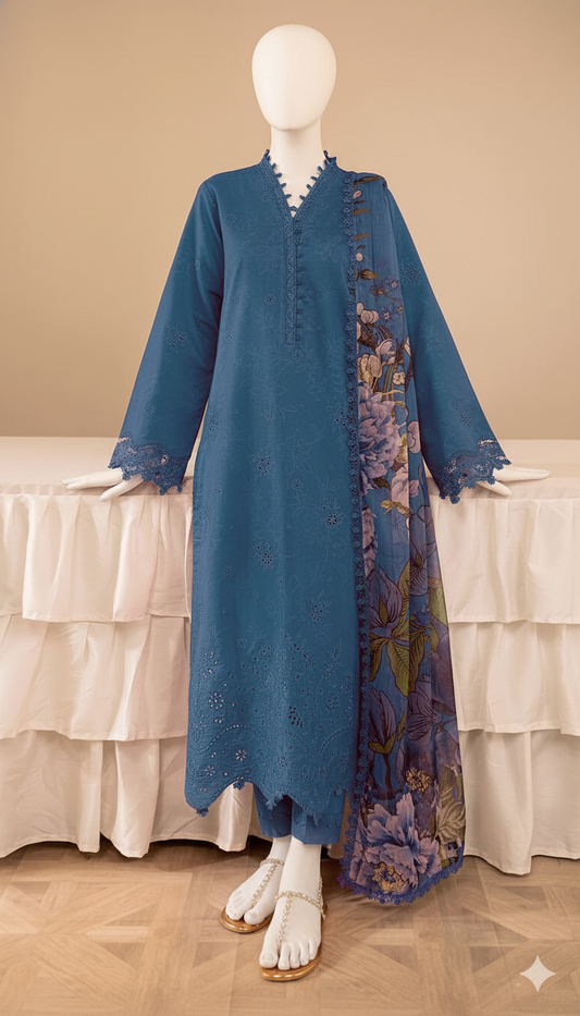 Dhanak Hit Codes | Premium Multi-Head & Boring Embroidered 3-Piece Suit with Digital Printed Wool Shawl (Ikhwan New Arrivals – November Drop 1)