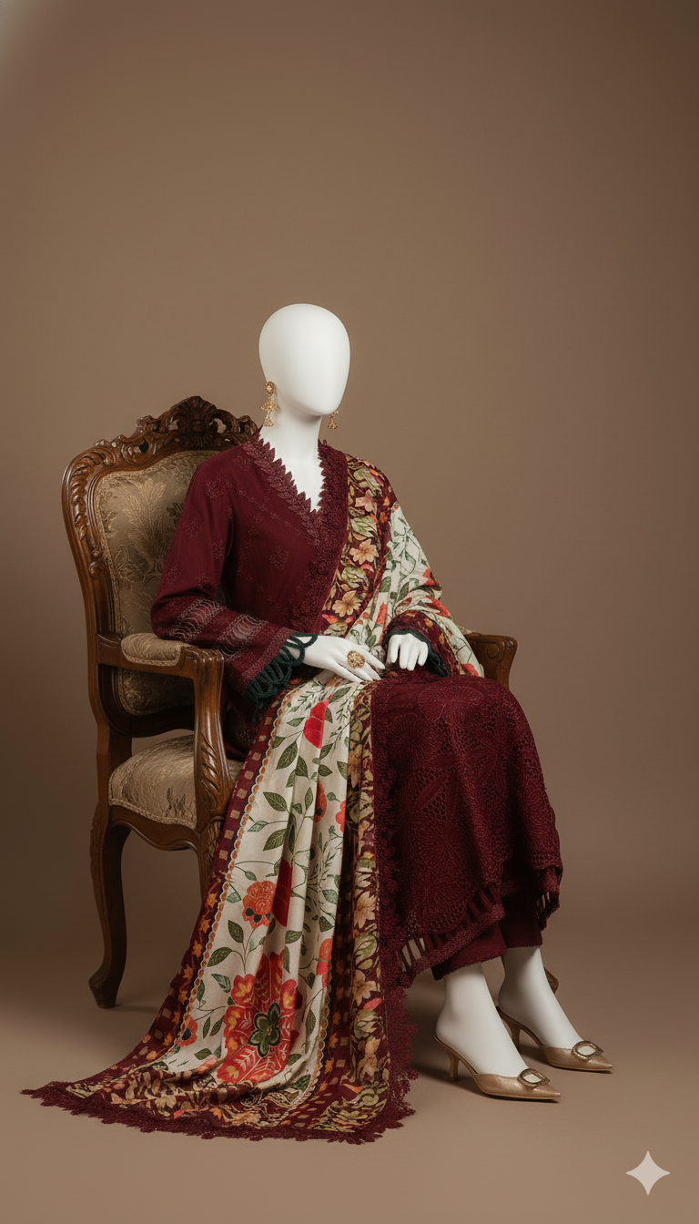 Dhanak Hit Codes | Premium Multi-Head & Boring Embroidered 3-Piece Suit with Digital Printed Wool Shawl (Ikhwan New Arrivals – November Drop 1)