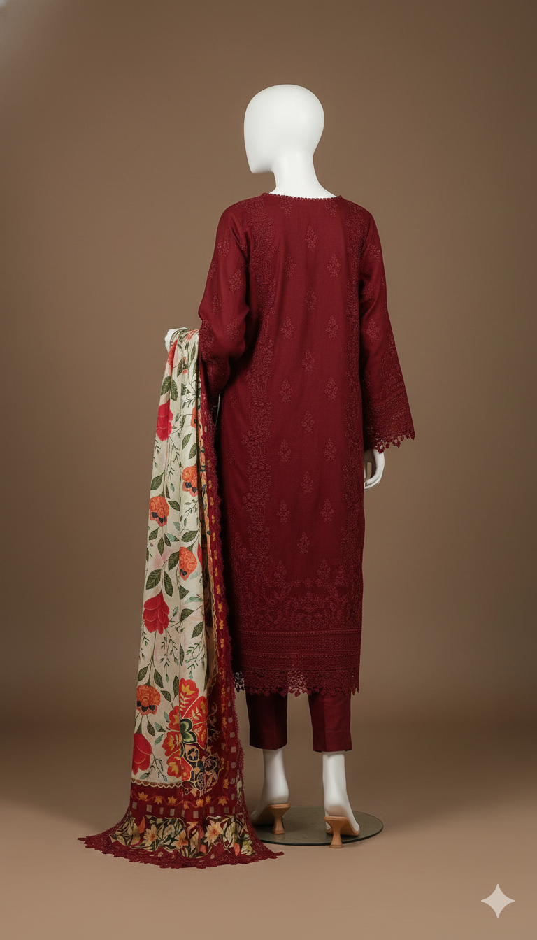 Dhanak Hit Codes | Premium Multi-Head & Boring Embroidered 3-Piece Suit with Digital Printed Wool Shawl (Ikhwan New Arrivals – November Drop 1)