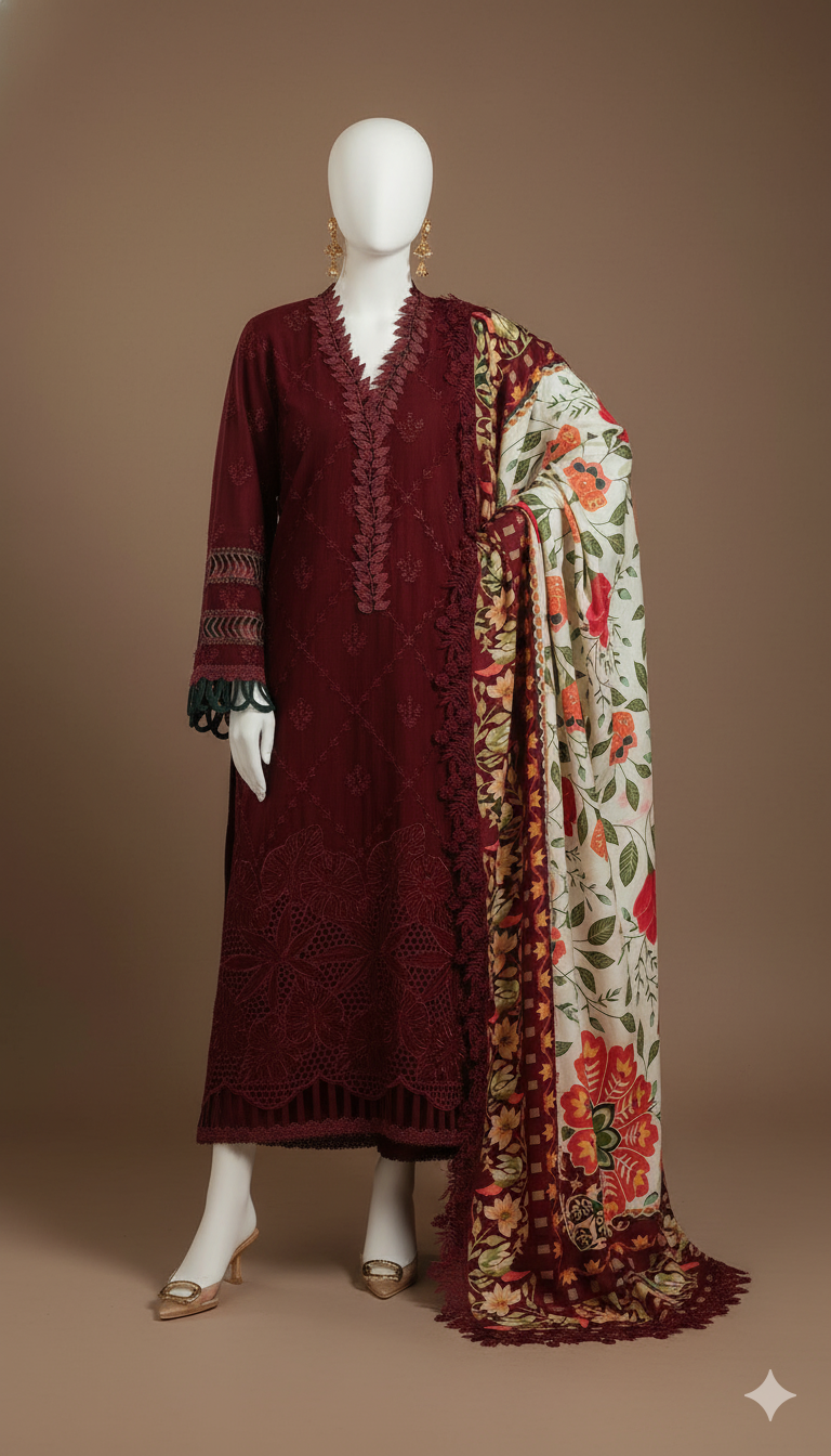 Dhanak Hit Codes | Premium Multi-Head & Boring Embroidered 3-Piece Suit with Digital Printed Wool Shawl (Ikhwan New Arrivals – November Drop 1)